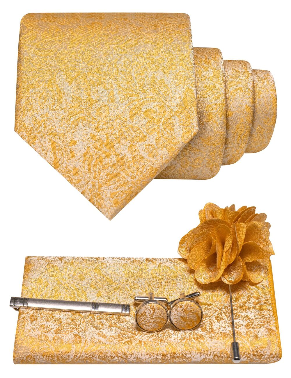 4244 Gold Tie Woven Necktie and Pocket Square Cufflinks with Lapel Pin Tie